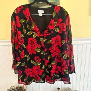Avenue Vintage 90s Plus Size 18/20 Black Roses Ruffles Blouse top